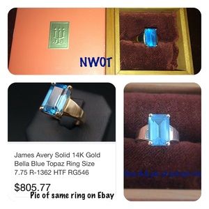Excellent, new condition- size 6.5 James Avery 14 kt gold w/blue topaz stone